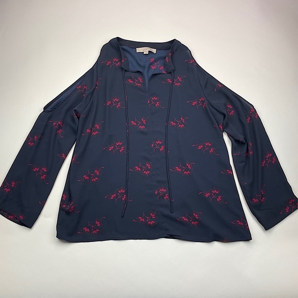LOFT Women's Size Large Cold Shoulder Blue Floral Long Sleeve V-Neck Blouse - Picture 1 of 14